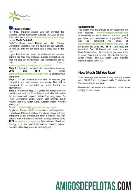 UK Green Star Energy Energy Utility Bill Word e PDF, formatos 3, baixar para verificação